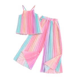 Hilinker Girls Rainbow Pleated Cami Top and Wide Leg Pants Set Cute 2 Piece Summer Outfits Multicolor 13-14 Year