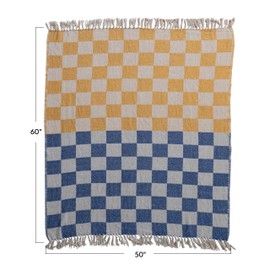 Creative Co-Op Woven Cotton Blend Throw with Checkered Pattern and Fringe, Yellow, Blue and Natural