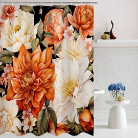 JEJOMEAG Orange Floral Shower Curtain Watercolor Flowers Boho Botanical Romantic Aesthetic Girls Women Fabric Bathroom Curtain with Hooks, 70Wx70H