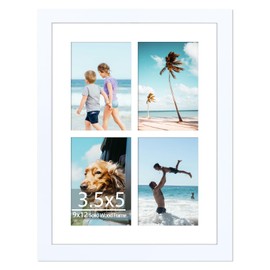 3.5x5 Collage Picture Frames 9x12 Solid Wood Frame Display Four 3.5 x 5 Photos with Mat or One 12x9 Photo Without Mat 4 Openings 5x3.5 Multi Picture Frame Collage Wall Decor or Tabletop Display White