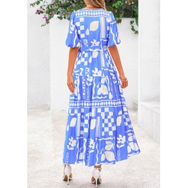 PRETTYGARDEN Women's Summer Maxi Dress 2025 Resort Wear Boho Floral V Neck Puff Short Sleeve Ruffle Flowy Beach Long Dresses(Blue Flower,X-Large)
