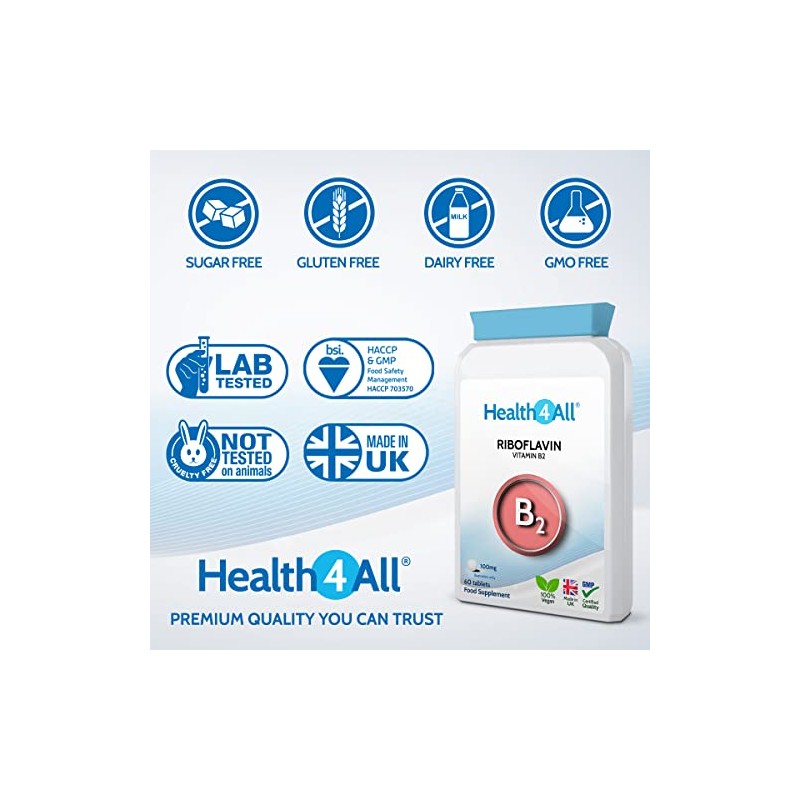Vitamin B2 Riboflavin 100mg 60 Tablets . Migraine Support, Stress