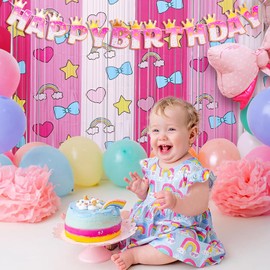 Kawaii Birthday Party Decoration, 1 Pack Cartoon Cat Kitty Party Photo Booth Prop, Bow Fringe Curtains Tinsel Photo Streamers Backdrop for Girls Kitty Theme Party Supplies