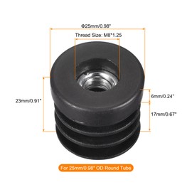 uxcell 4Pcs Plastic Threaded Tube Inserts with M8 Thread, for 25mm/0.98" OD Round Tube, Adjustable Round Black Plastic Plug Caster Insert Chair End Caps Furniture Leg Plug