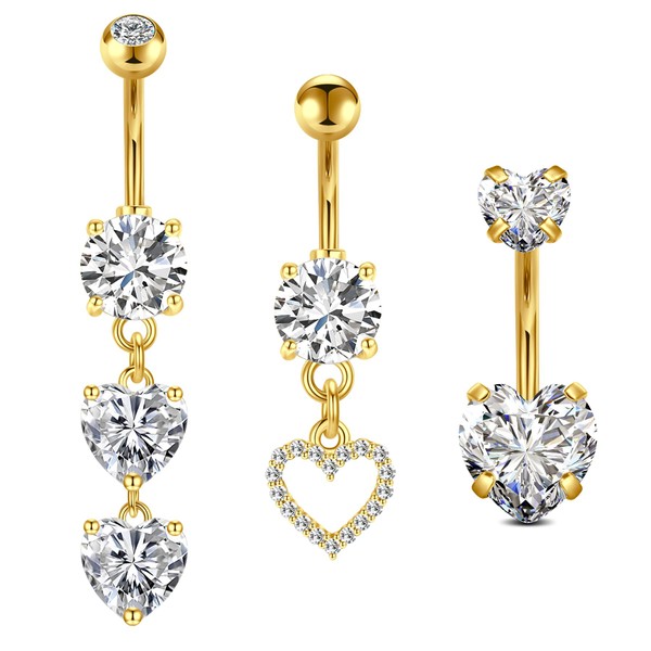 VCMART 3pcs Gold Belly Button Ring Heart Dangle Belly Button