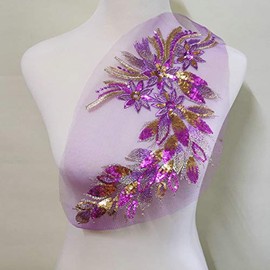 1Pcs DIY Lace Sequins Embroidered Patches for Clothes Peacock Applique Embroidery Wedding Dress Sewing Trim Garment Decor (Lilac Colour)