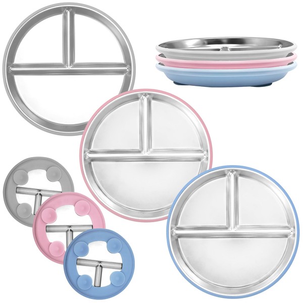 3 Pack Stainless Steel Baby Plates with Suction,Kids Plates Non