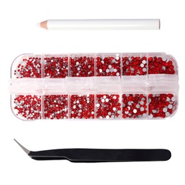 Nail Art Rhinestones, 1500PCS Rhinestones in 6 Sizes, Nail Art Gems with Pick Up Tweezers and Rhinestone Picker Dotting Pen, Tools for Nails, Craft 1.5 mm - 4.0 mm (Red)