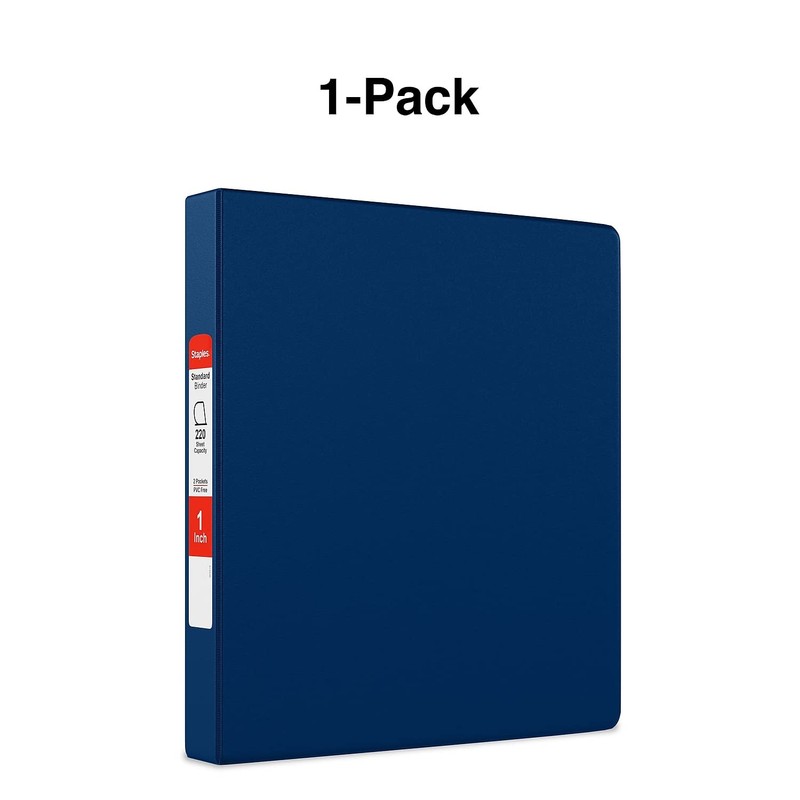 Staples Standard Non‑View Binder, 1" Round Ring, Blue, Durable 3‑Ring