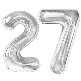 40 Inch Silver Number 27 Digital Balloon,Jumbo Mylar Foil Helium Balloon for 27 Balloons for Birthday Party,Wedding Anniversary Party Decorations