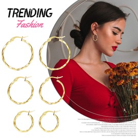 JewelryWe 3Pairs Hoop Earrings Set Gold/Silver Plated Stainless Steel Twisted Hoop Stud Earrings for Women Girls 15-25mm, for Mother's Day