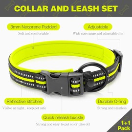 HIGO Reflective Dog Collar and Leash Set for Large Dog, Nylon Webbing Pet Collar& Leash with Neoprene Padded, Adjustable Basic Dog Collar and Leash, Safety Dog Accessories for Night Walking (Green, L)