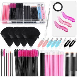 Disposable Makeup Applicator Set, Cosmetic Makeup Mixing Palette with Spatula, Artist Tool, Triangular Powder Puffs, Disposable Makeup Brushes, Wands and Hair Clips with Transparent Organiser Box
