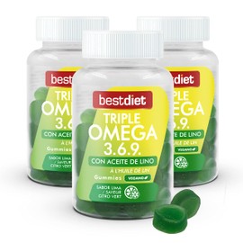 BestDiet - Gummies Triple Omega 3, 6 und 9 - Veganes Nahrungsergänzungsmittel - Gummibonbonformat - mit Pektin und Flachsöl - wohltuend für das Nervensystem - Packung mit 3 Gläsern à 132gr.