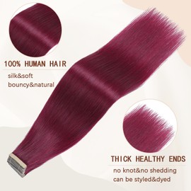 Tape in Hair Extensions Human Hair Burgundy 16 Inch 10pcs Hair Extensions Real Human Hair Tape in Extensions Invisible Seamless(99J-A#, 16 Inch, 10pcs)