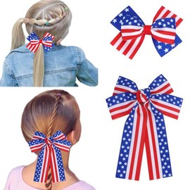 Women Girl Patriotic Hair Bow Clips, 8 Inch Grosgrain Ribbon American Flag Hair Clip Stripe Star HairTie Ponytail Holder Jumbo Cheer Bows 4th of July Hairs Accessories TSFJ46 (2pcs Bow Clip)