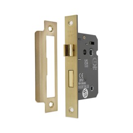 Infinity Decor Fire Rated Satin Brass 3 Lever Mortice Bathroom Lock 65mm, CE Approved Reversible Catch for Internal and External Doors