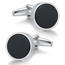 Mr.Van Cufflinks for Men, Cuff Links Mens Round Shape Black Onyx Silver Base Classic for Business, Wedding, Party, Elegant Style