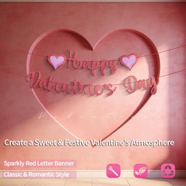 Oeyliz Happy Valentines Day Banner Valentines Day Garland with Hearts Pattern Glitter Valentine's Day Banner DIY Valentine's Day Outdoor Indoor Home Party Hanging Decorations