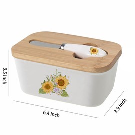 WAIT FLY Flower Ceramic Butter Dish with Bamboo Lid and Knife, 2 Sticks Butter Dish Butter Container Keeper for Kitchen Countertop, Home Decorative-Sunflower