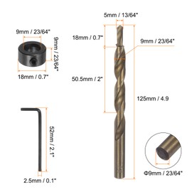sourcing map Pocket Hole Drill Bit 23/64" Dia 13/64" Tip Round Shank Replacement Twist Step Drill Bit with M9 Depth Stop Collar and Wrench for Woodworking