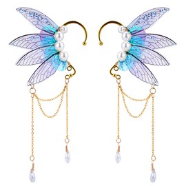 FRESHME Fairy Butterfly Elf Ear Cuffs, Handmade Dreamy Purple Wings Elf Earrings Teardrop Dangle Non Piercing Boho Ear Cuffs Elven Wraps for Women Christmas Renaissance Cosplay Party Accessories