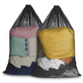 Large Mesh Laundry Bag for Travel: 2 Pack 23 x 34 Inches Heavy Duty Hamper Liner Bags - Washable Laundry Drawstring Bag for College, Dorm, Family and Apartment Dwellers, Black