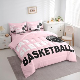 Feelyou Basketball Pink Comforter Set with Sheets Full Size Gaming Sports 7 Pieces Bedding Set for Kids Boys Girls Teens Ball Games Bed in a Bag Gift for Basketball Lover Bed Set