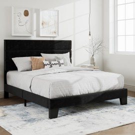 SHA CERLIN Full Platform Bed Frame with Velvet Upholstered Headboard, Mattress Foundation with Strong Wooden Slats Support, No Box Spring Needed, Black