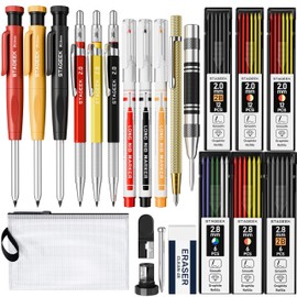 STAGEEK Set of 22 Mechanical Carpenter's Pencils, Automatic Grain, Carbide Scribing Tool, Eraser and Marker Pen for Deep Holes, Heavy Duty Construction Pencil for Architects