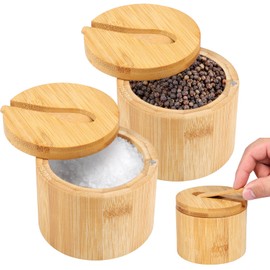 PoDhey Salt and Pepper Bowls Bamboo Pepper Salt Box with Magnetic Swivel Lid and Spoon 2 Piece Set Salt Cellar and Storage Box Seasoning Container for Salt Pepper Spice Sugar A(9 * 7cm)