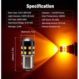 BRISHINE 4-Pack Super Bright 1157 2057 2357 7528 1157A LED Bulbs Amber Yellow 9-30V Non-Polarity 24-SMD LED Chipsets with Projector for Turn Signal Lights, Side Marker Lights