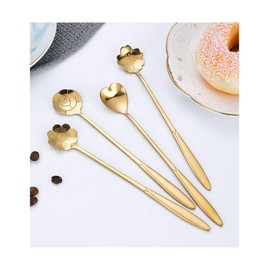 SHLWYG Stainless Steel Spoons Set, 4 Creative Long Spoons, Stainless Steel Cherry Blossom Spoon, Flower Coffee Spoon, Golden Flower Spoon