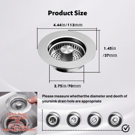 Sink Plug and Drain Strainer Kitchen Sink, 3-in-1 Pop-Up Stainless Steel Drain Strainer Sink with Anti-Clogging Basket, Universal Strainer for Sink, Depth of Sink > 40 mm