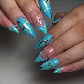 Long Press on Nails Almond Fake Nails Blue False Nails French Artificial Nails with Droplet and Pearl Designs Summer Nails Glitter Stick on Nails for Women 24pcs