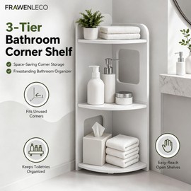 3-Tier Bathroom Corner Shelf, PVC Freestanding Corner Storage Shelf for Bathroom, Toilet, Shower, Kitchen and Small Spaces, Triangle Floor Organizer Rack, White
