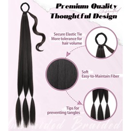 26 Inch Black Long Braided Ponytail Extension with Hair Tie Fluffy Wrap Around DIY Hairpiece, Heat Resistant Synthetic, Natural Soft & Lightweight for Weddings, Parties, and Festivals
