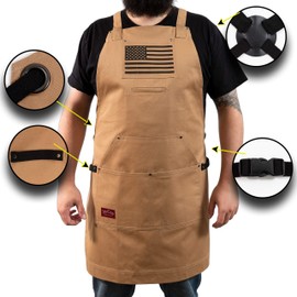 JayCee's Perfect Apron for BBQ, Grill, Chef, Hobby, Garden, or Workshop. Comfortable Cross Back Design, Quick Release Buckle, 5 Pockets. 2 Tool/Towel Loops. Tan Brown with Flag