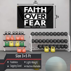 Faith Over Fear Flag 3X5 Ft Outdoor Bible Scripture Verse Christian Flag Polyester with Brass Grommets Fitness Motivational Flags for Home Gym College Dorm Room Office Wall Jesus Flag Banner Decor