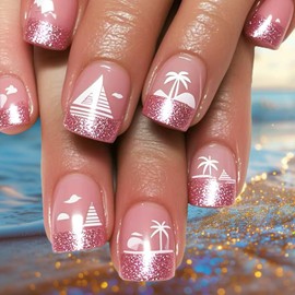 Coconut Tree Acrylic Full Cover Fake Nails Summer Beach Press on Nails French Tips Stick on Nail 24Pcs Sailboat Gel Glue on Fingernails Glossy Pink Glitter Short Square False Nail for Holiday Manicure