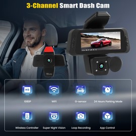 CAMECHO Dash Cam Car Front Rear Inside, 3 Inch 1080P Dash Camera for Cars, Car Camera with App Control, IR Night Vision, Loop Recording, G-Sensor, Parking Aid, 24H Parking Monitoring