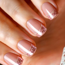 French Tip Press on Nails Short Square Fake Nails with Pink Glitter Sequins Silver Glitter Lines Designs Nude Pink Full Cover Artificial Stick on Nails for Women 24Pcs