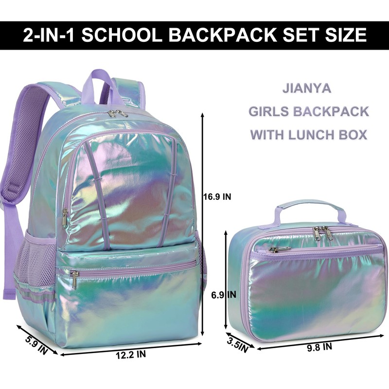 JIANYA Backpack for Girls Iridescent School Backpack Set