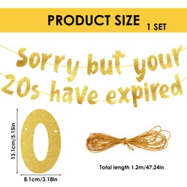 Sorry But Your 20s Have Expired Gold Glitter Banner 30th Birthday Flag Banner Adult Birthday Decorations Fun Supplies for Birthday Holiday Bachelor Work Party Window Decoration
