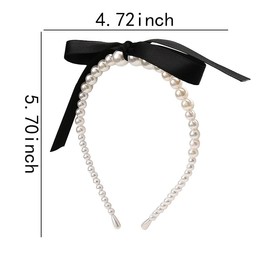 Pearl Bow Headband for Women Pearl Bowknot Hair Band for Girls Ribbon Bow Headbands for Women Costume Hair Accessories for Women Non Slip Headband Hairband for Women's Hair Black Hair Bead Band