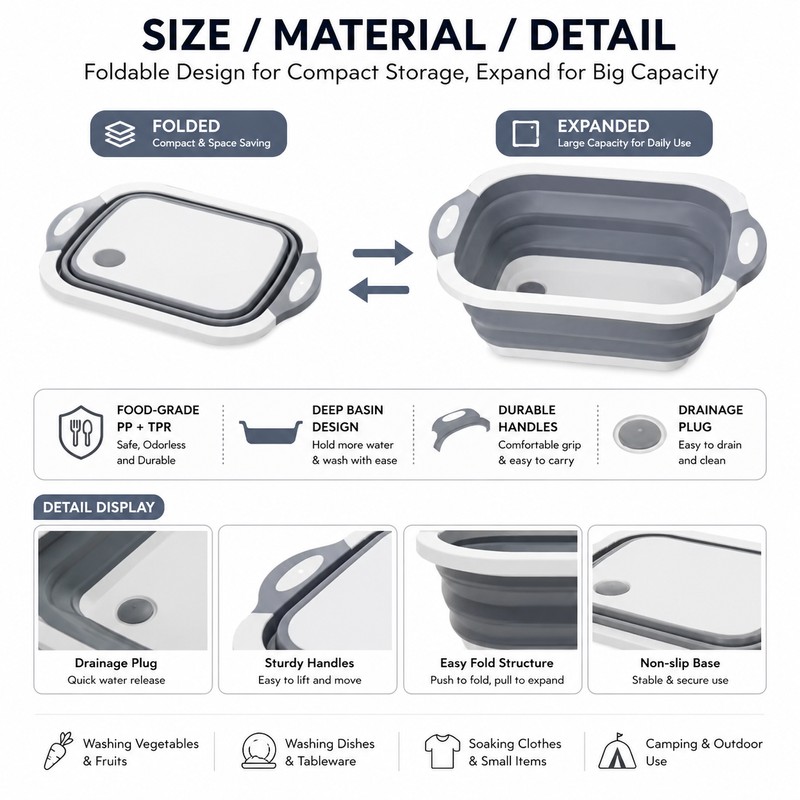 Collapsible Wash Basin for Kitchen & Travel – Foldable Plastic