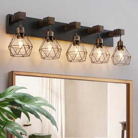 Farmhouse Bathroom Light Fixtures, 5-Light Bathroom Lighting Fixtures Over Mirror, Rustic Wood Black Gold Vanity Lights Wall Sconces with Metal Lampshade for Living Room