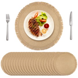 Aneco 24 Pcs Jute Placemats, 15 Inch Round Burlap Placemats, Boho Natural Jute with Fringe Table Mat, Heat Resistant Natural Farmhouse Table Mats for Wedding Birthday Party Dining Tables Decor