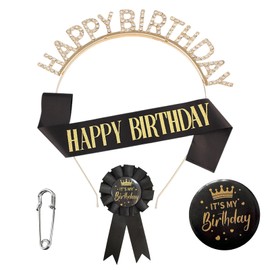 GegXcn 5 PCS Birthday Girl Set, Birthday Badge and Birthday Sash for Women, With Accessories, Formal Party Decorations for Adults and Kids, Includes Gold Crown, Black Sash, Badge and Pin