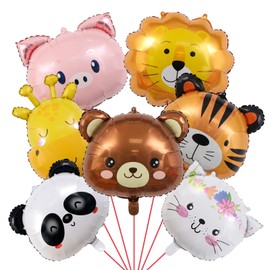 7Pcs Cute Cartoon Animal Head Foil Balloons - Cat, Bear, Pig, Lion, Panda, Giraffe, Tiger Shaped Mylar Balloons for Jungle Safari Birthday Party Decorations, Baby Shower Supplies